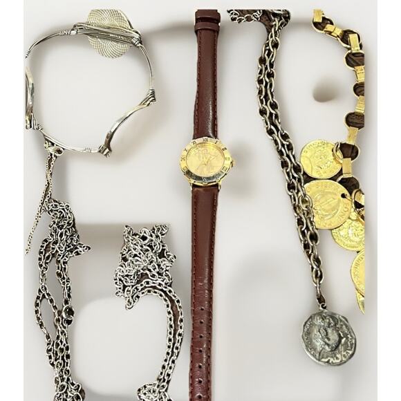 Large Mixed Metals Coin Jewelry Lot 22 Necklaces Bracelets Pendants Watch Coins - Picture 6 of 15